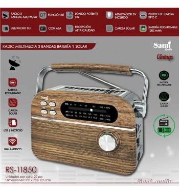 Sami radio clásica madera bt usb sd ac/batería/solar 3 bandas rs-11850 - RS-11850