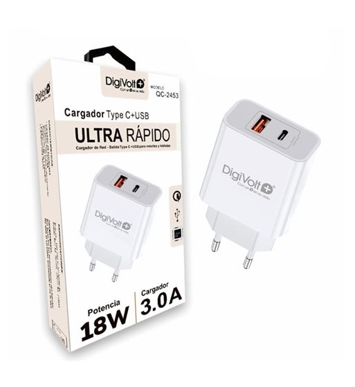 Digivolt cargador ultra rápido type c y usb 18 w 3.0 a qc-2453 - QC-2453