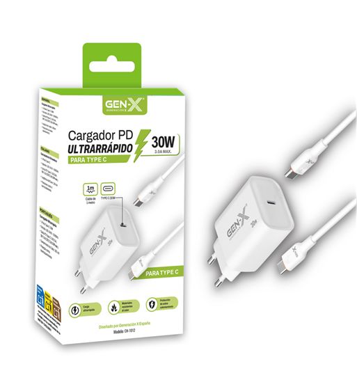 Gen-x cargador ultra rápido móvil pd 30w 3a tipo c a tipo c 1m ch-1012 - CH-1012