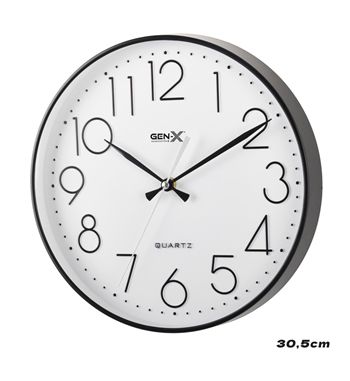 Gen-x reloj de pared 30.5cm silencioso negro fondo blanco esfera 3d rp-3337 - RP-3337