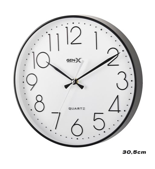 Gen-x reloj de pared 30.5cm silencioso negro fondo blanco esfera 3d rp-3337 - RP-3337