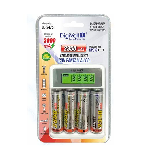 Digivolt cargador pilas c/pantalla para 4 r3 y 4 r6 2350mah tipo c qc-2475 - QC-2475