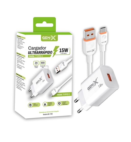 Gen-x cargador ultra rápido móvil 15w 3a usb a tipo c cable 1m ch-1106 - CH-1106