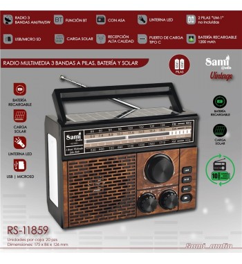Sami radio clásica bt/usb pilas recargable solar linterna 3 bandas rs-11859 - RS-11859_1